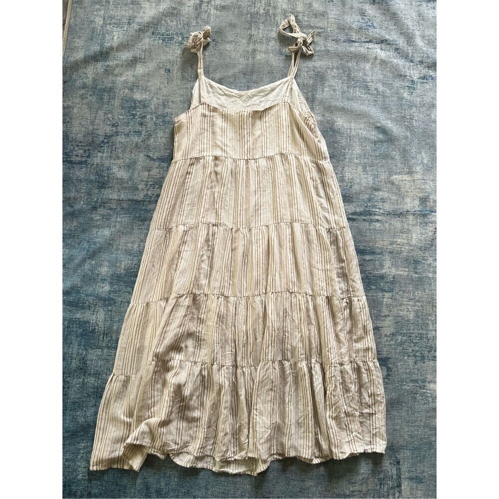 Caslon Ivory Khaki Stripe Tie Shoulder Tiered Sundress Size 1X - Picture 3 of 11